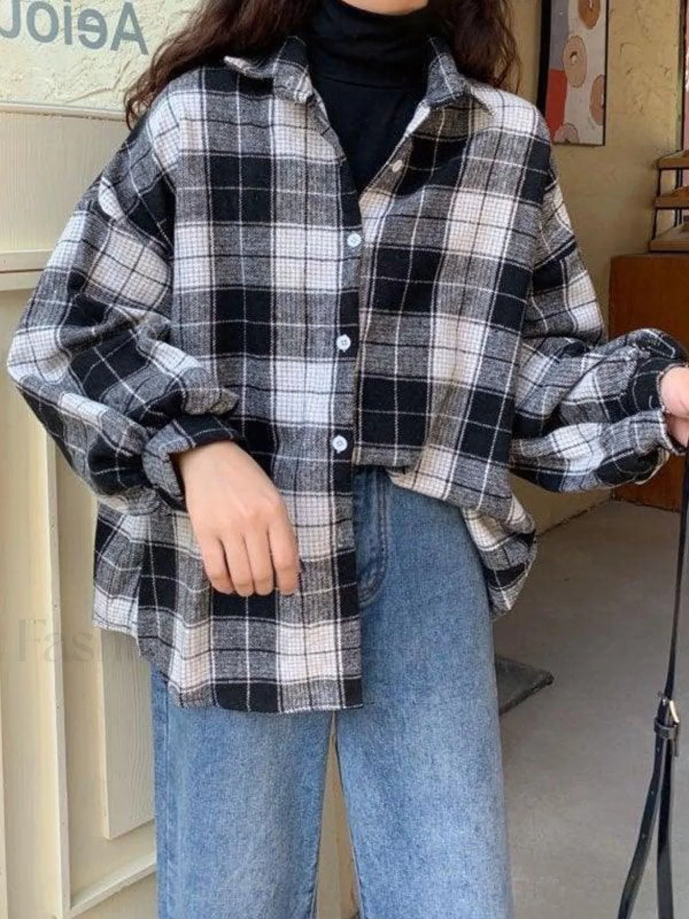 Checkered Print Button Blouse Black / S Shirts