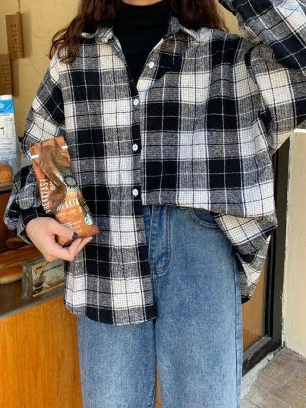 Checkered Print Button Blouse Shirts