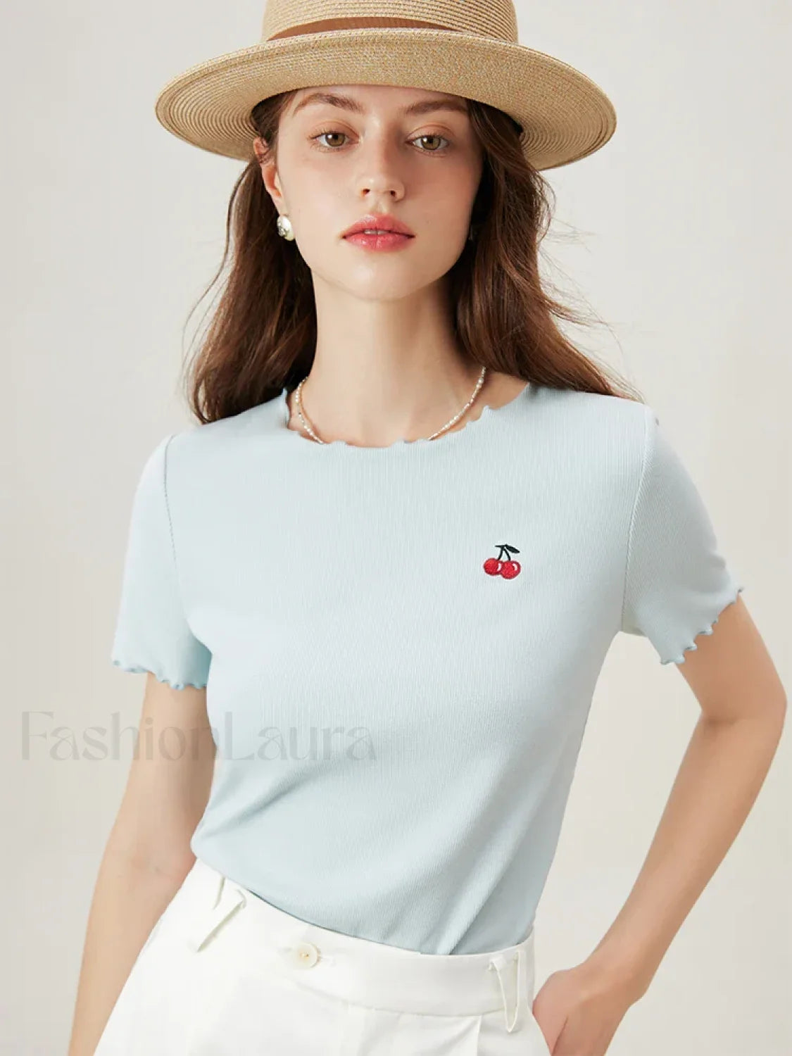 Cherry Embroidered Ruffled Knit T Shirt Light Blue / XS Main image