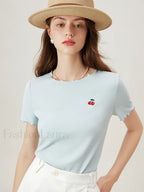 Cherry Embroidered Ruffled Knit T Shirt Light Blue / XS