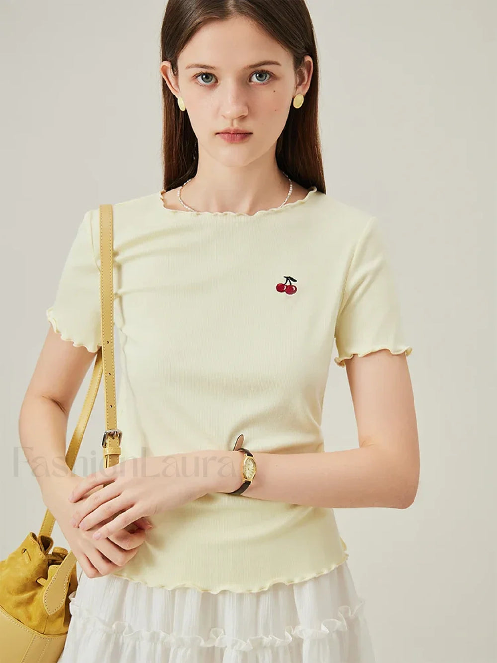 Cherry Embroidered Ruffled Knit T Shirt Light Yellow / XS