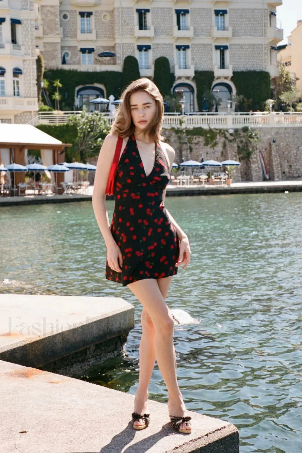 Cherry Print Deep V Halter Strap Neck Mini Dress Secondary image