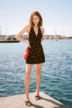 Cherry Print Deep V Halter Strap Neck Mini Dress Black / S