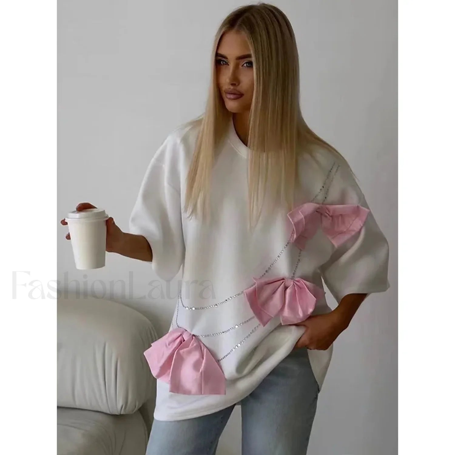 Chic Bow Decoration Cotton T Shirt Main image