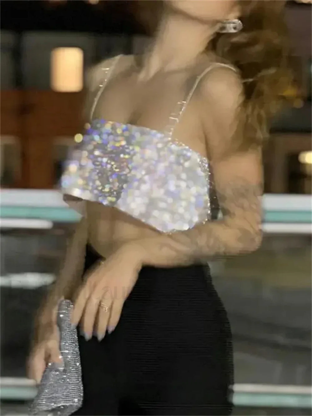 Chic Glitters Spaghetti Strap Shiny Bandeau Tube Crop Top
