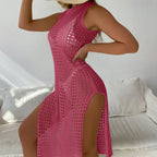 Chic Round Neck Sleeveless Cover Up Rose Red / One Size