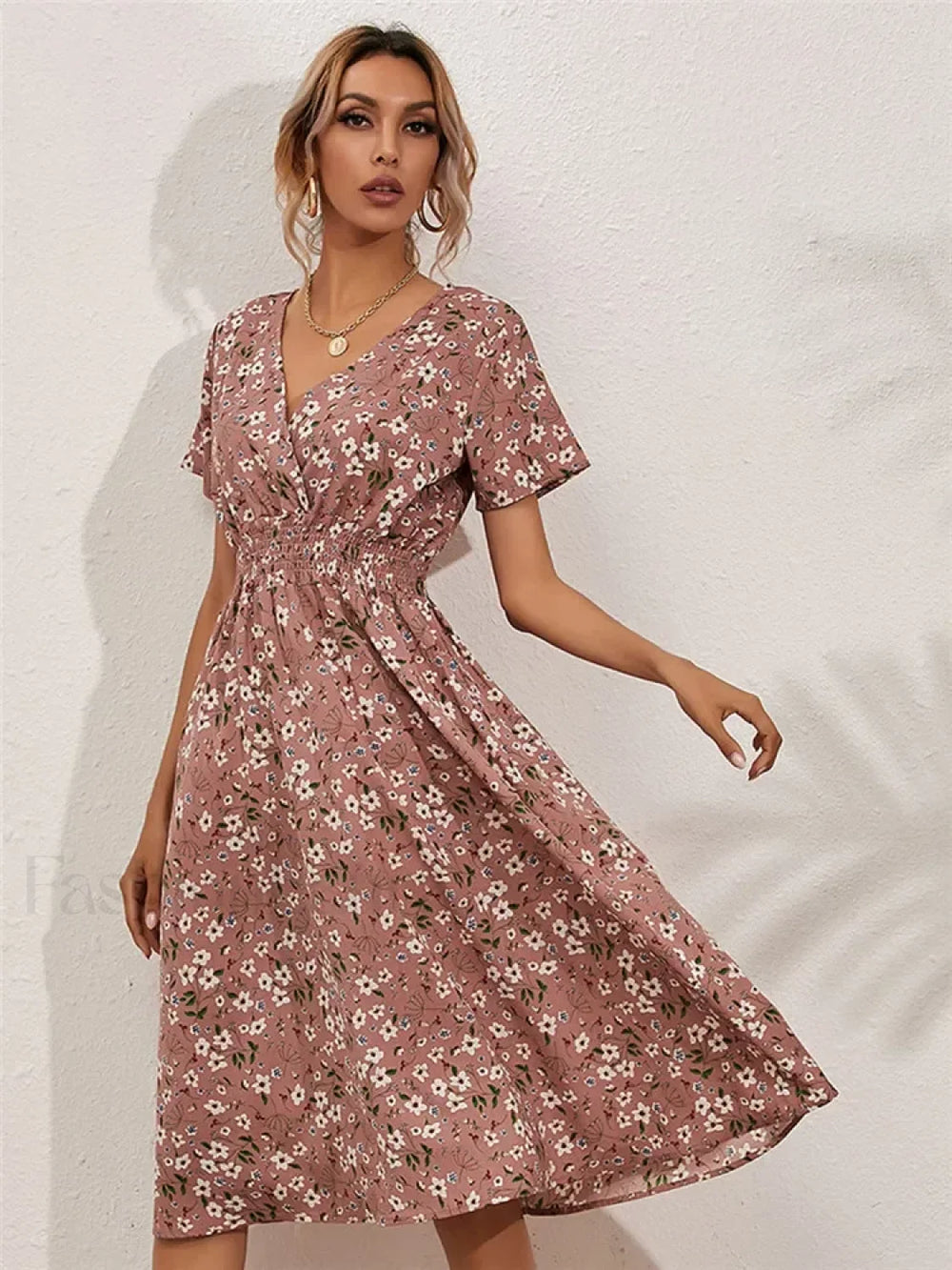 Chic Summer Fashionable Floral Navy Sleeveless Elegant Holiday Midi Dress PINK / S