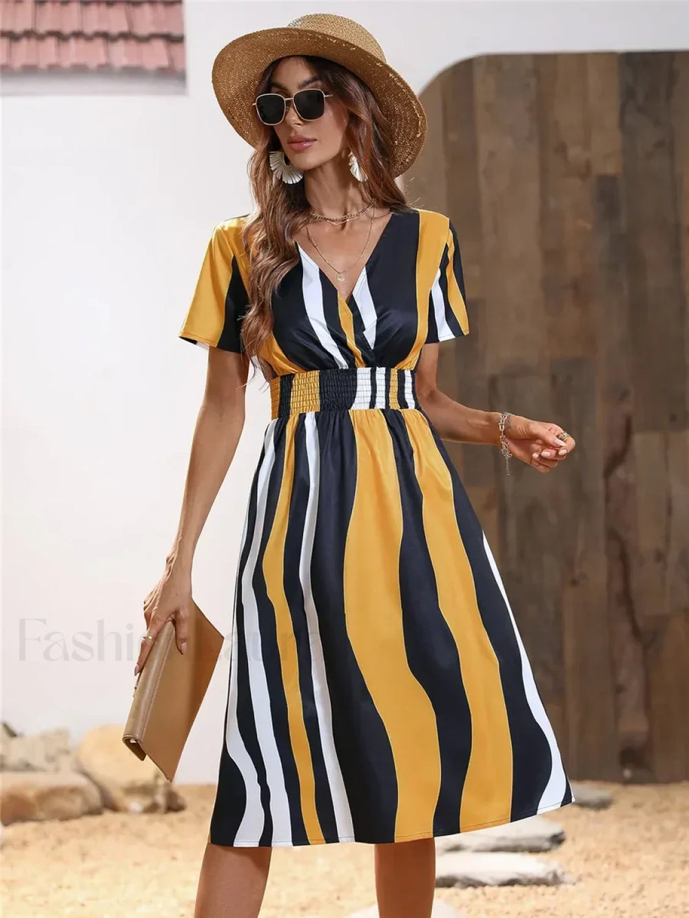 Chic Summer Fashionable Floral Navy Sleeveless Elegant Holiday Midi Dress Black Yellow / S