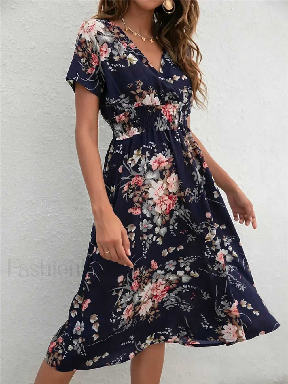 Chic Summer Fashionable Floral Navy Sleeveless Elegant Holiday Midi Dress LIGHT BLUE / S