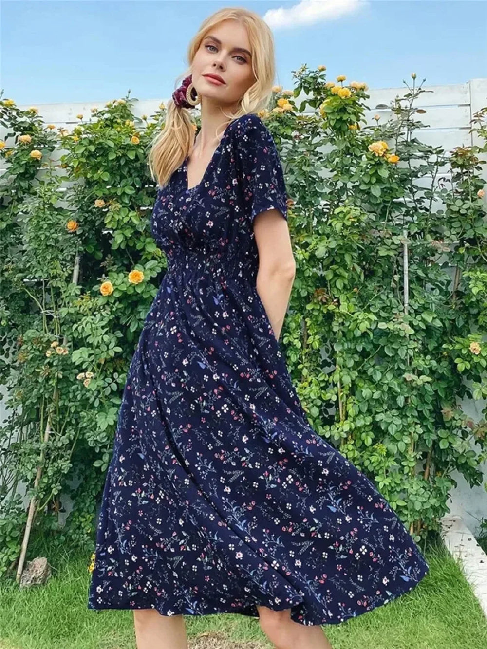 Chic Summer Fashionable Floral Navy Sleeveless Elegant Holiday Midi Dress NAVY / S