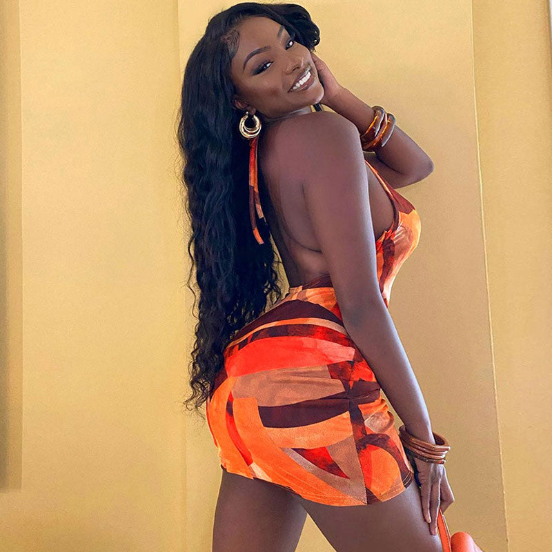 Tie Dye Halter Neck Cowl Neck Mini Dress - Orange Secondary image
