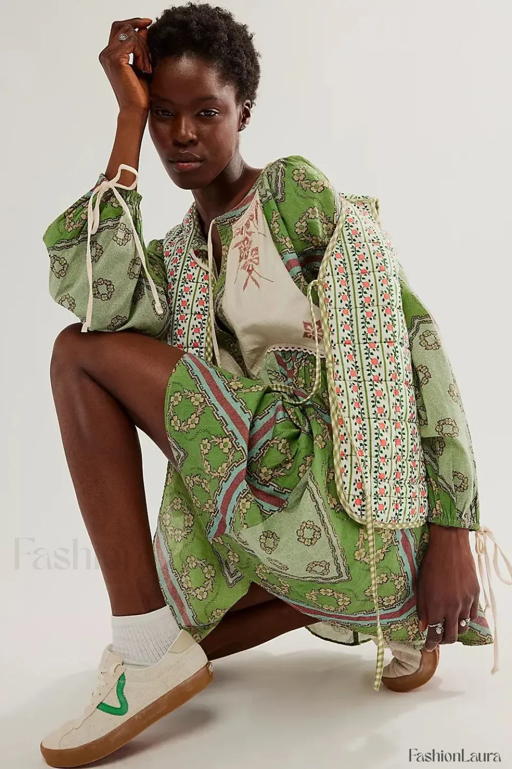 Chiffon Floral Tunic Boho Dress Green / S