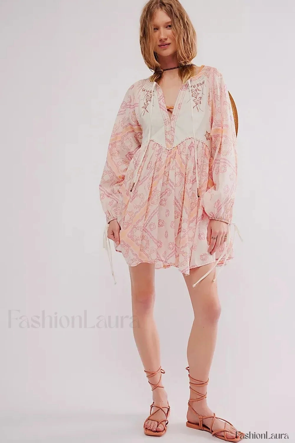 Chiffon Floral Tunic Boho Dress Pink / S