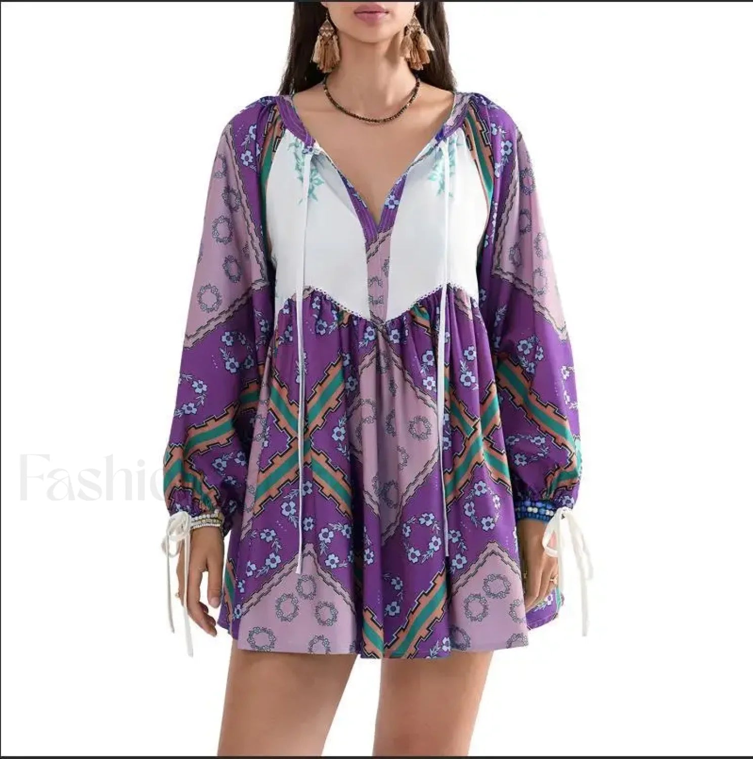 Chiffon Floral Tunic Boho Dress PURPLE / S