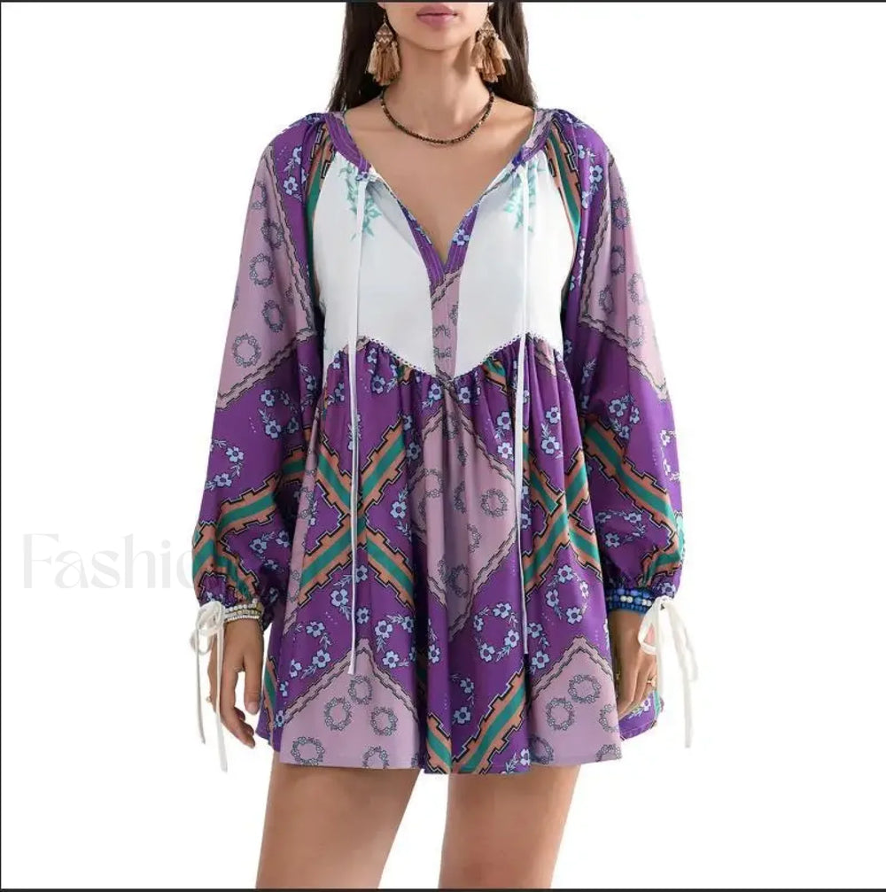 Chiffon Floral Tunic Boho Dress PURPLE / S