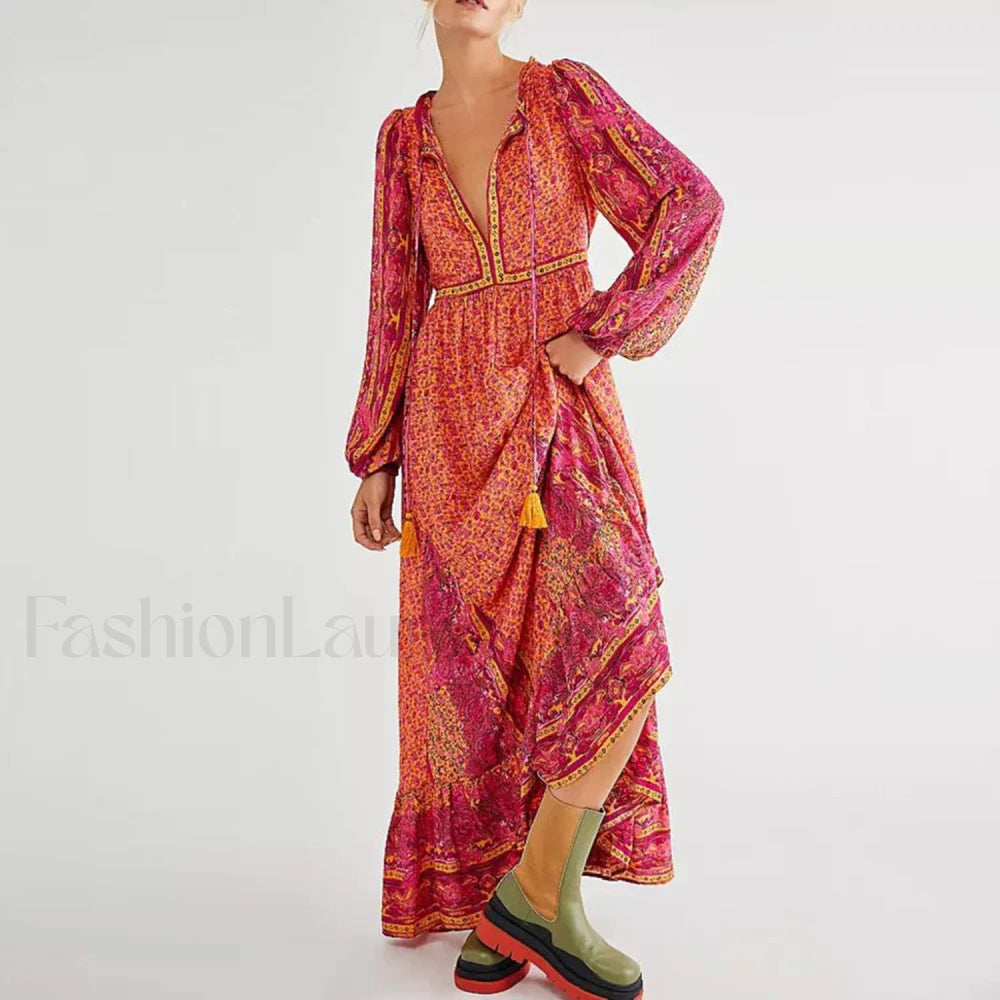 Chiffon Lantern Sleeve Boho Dress Color1 / S