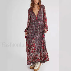 Chiffon Lantern Sleeve Boho Dress Color2 / S