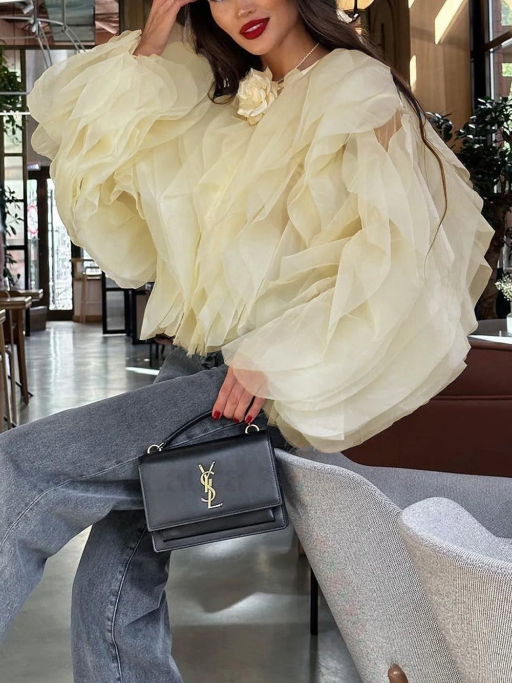 Chiffon Ruffled Graceful Crew Neck Blouse Blouses