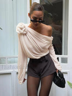 Chiffon Semi sheer One Shoulder Asymmetrical Blouse Apricot / XS Blouses