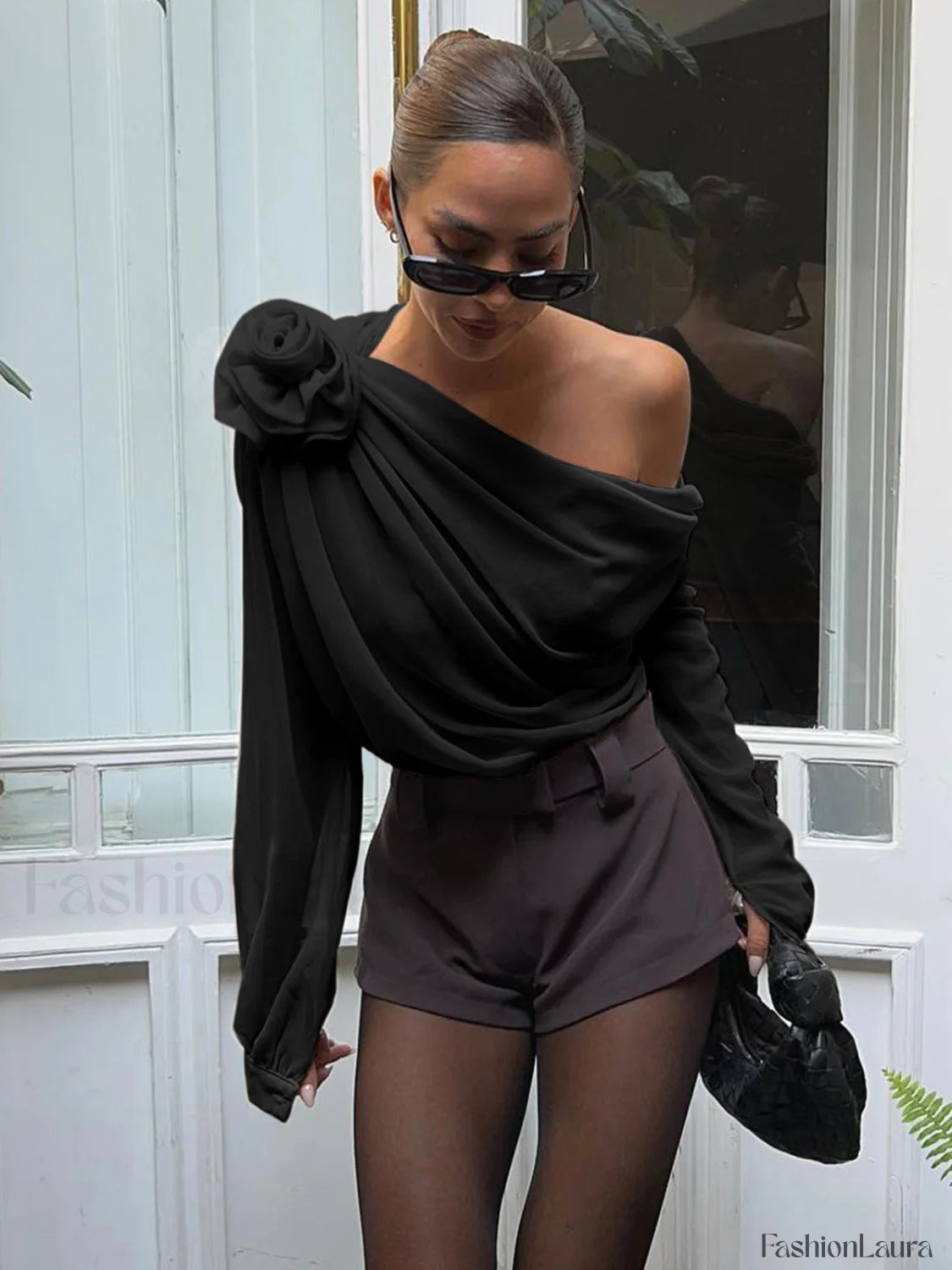 Chiffon Semi sheer One Shoulder Asymmetrical Blouse Black / XS Blouses