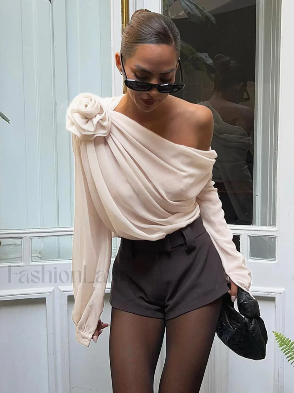 Chiffon Semi sheer One Trendy Shoulder Asymmetrical Top Apricot / XS Shirts