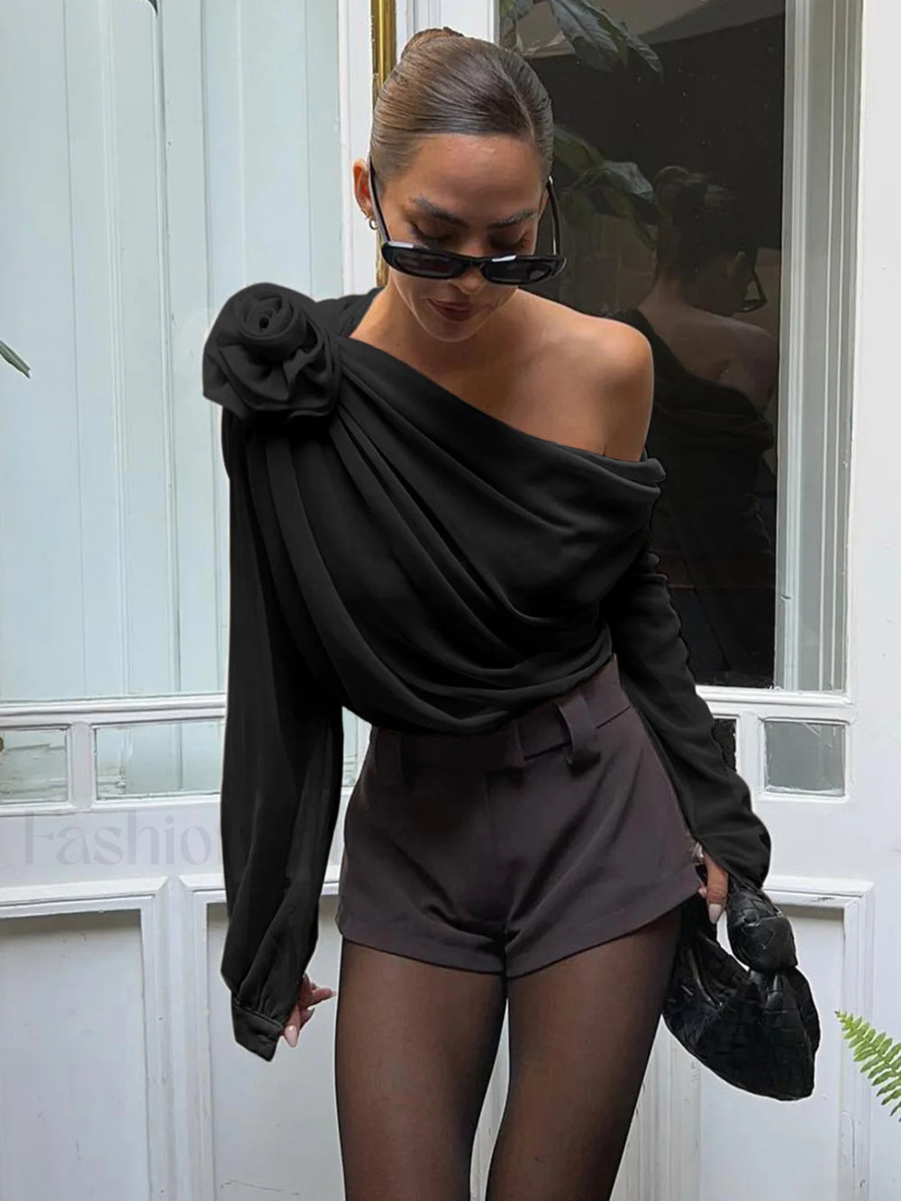 Chiffon Semi sheer One Trendy Shoulder Asymmetrical Top Black / XS Shirts