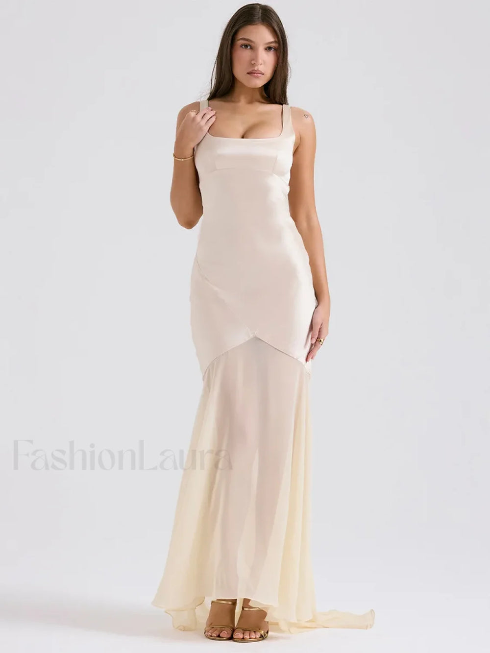 Chiffon Splicing Slim Floor Maxi Dress Beige / S