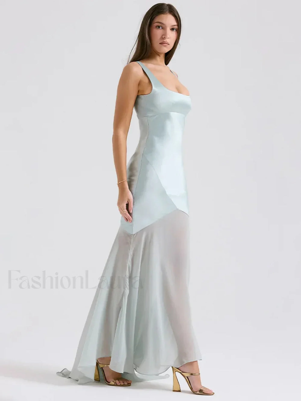 Chiffon Splicing Slim Floor Maxi Dress Blue / S