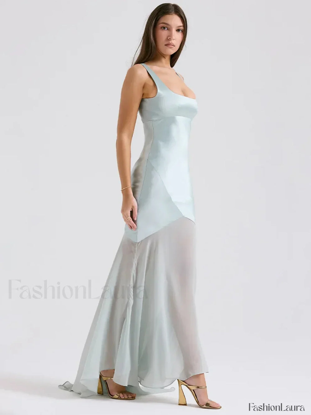 Chiffon Splicing Slim Floor Maxi Dress Blue / S