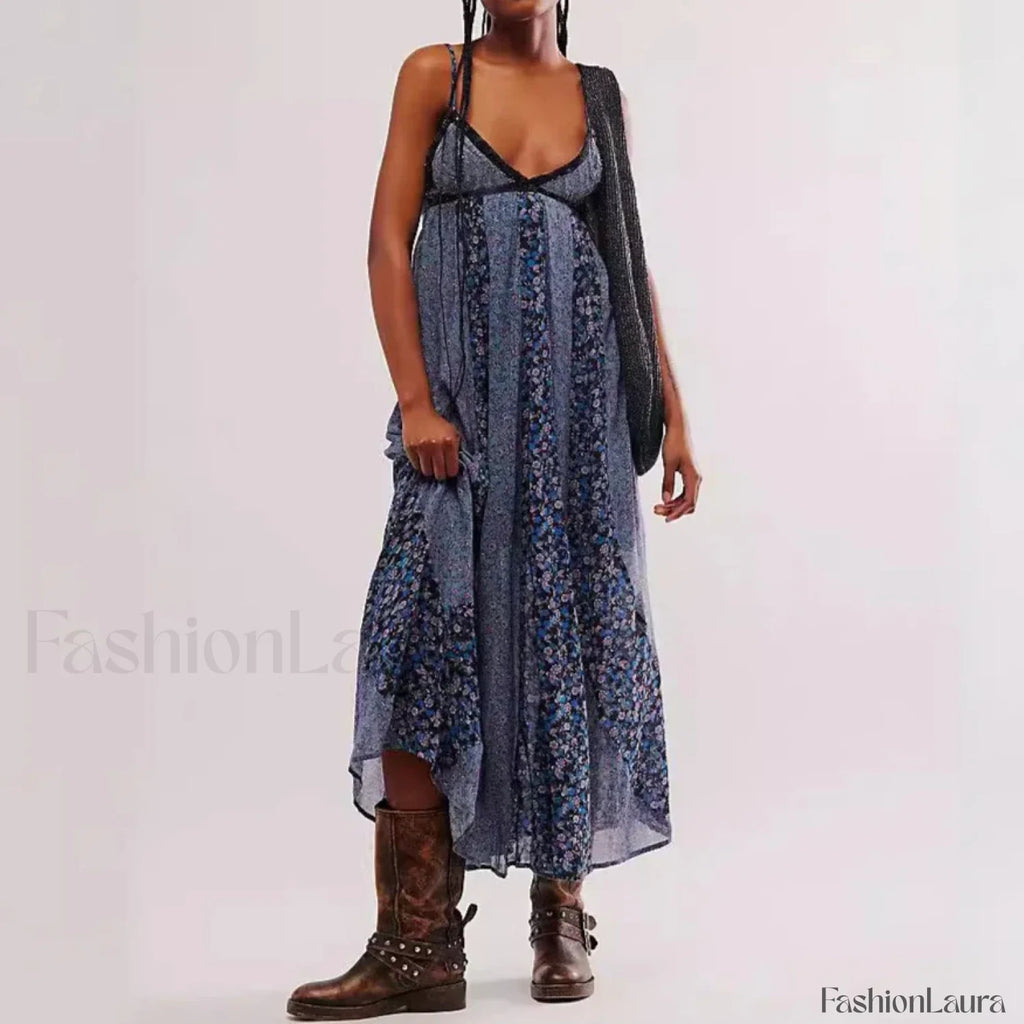 Chiffon Strap Backless Boho Dress Blue / S