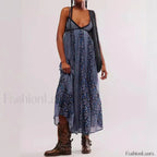 Chiffon Strap Backless Boho Dress Blue / S