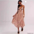 Chiffon Strap Backless Boho Dress Brown / S