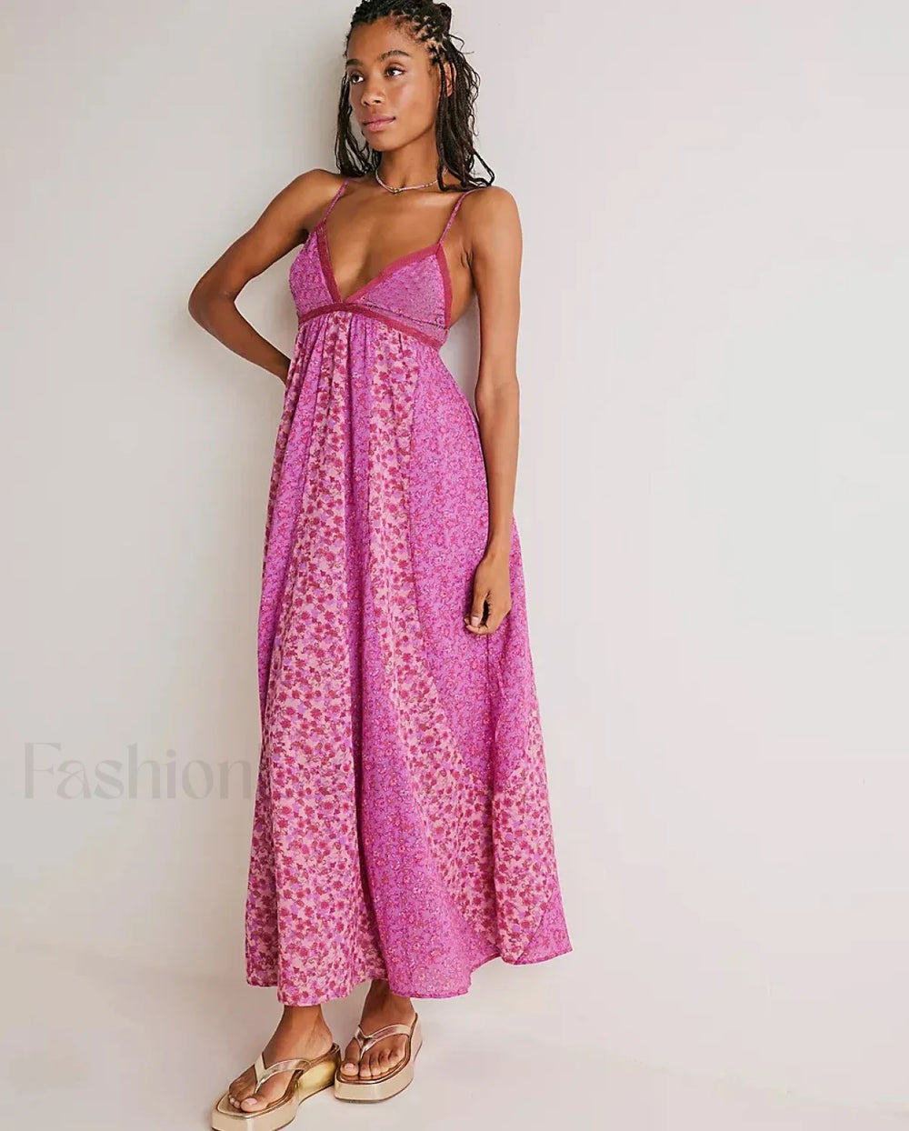 Chiffon Strap Backless Boho Dress Rose Red / S