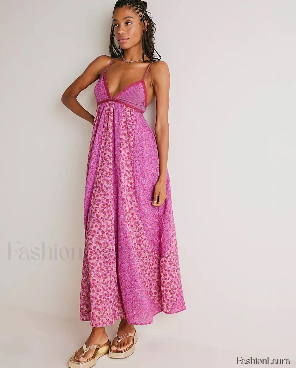 Chiffon Strap Backless Boho Dress Rose Red / S