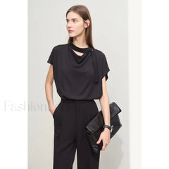 Chiffon Tie Neck Blouse T Shirt Black / S