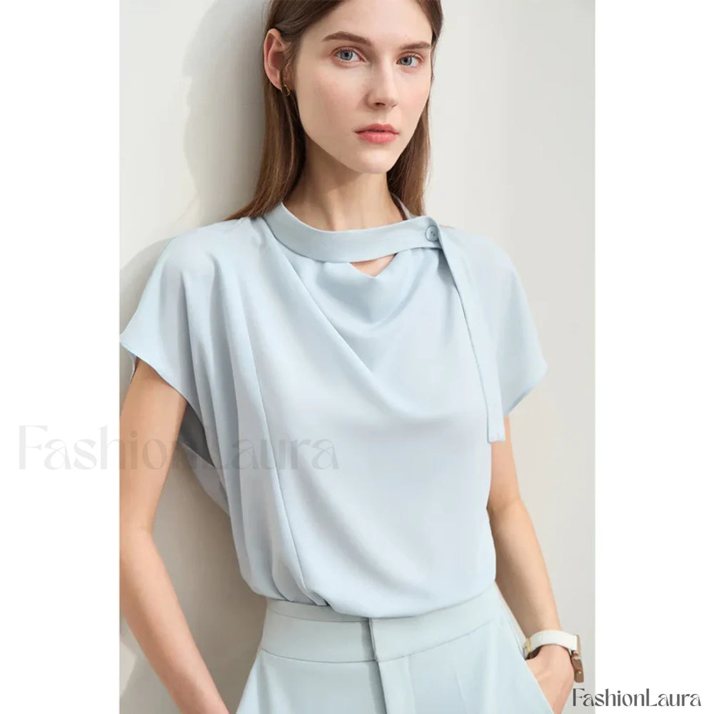 Chiffon Tie Neck Blouse T Shirt Blue / S