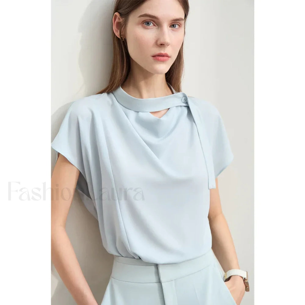 Chiffon Tie Neck Blouse T Shirt Blue / S