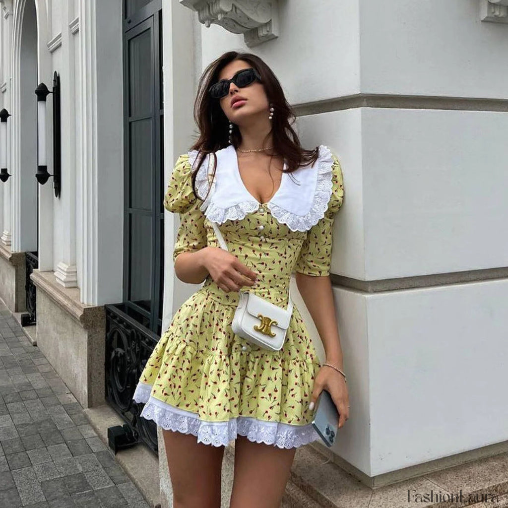 Cinched Babydoll Flora Mini Dress Yellow / S