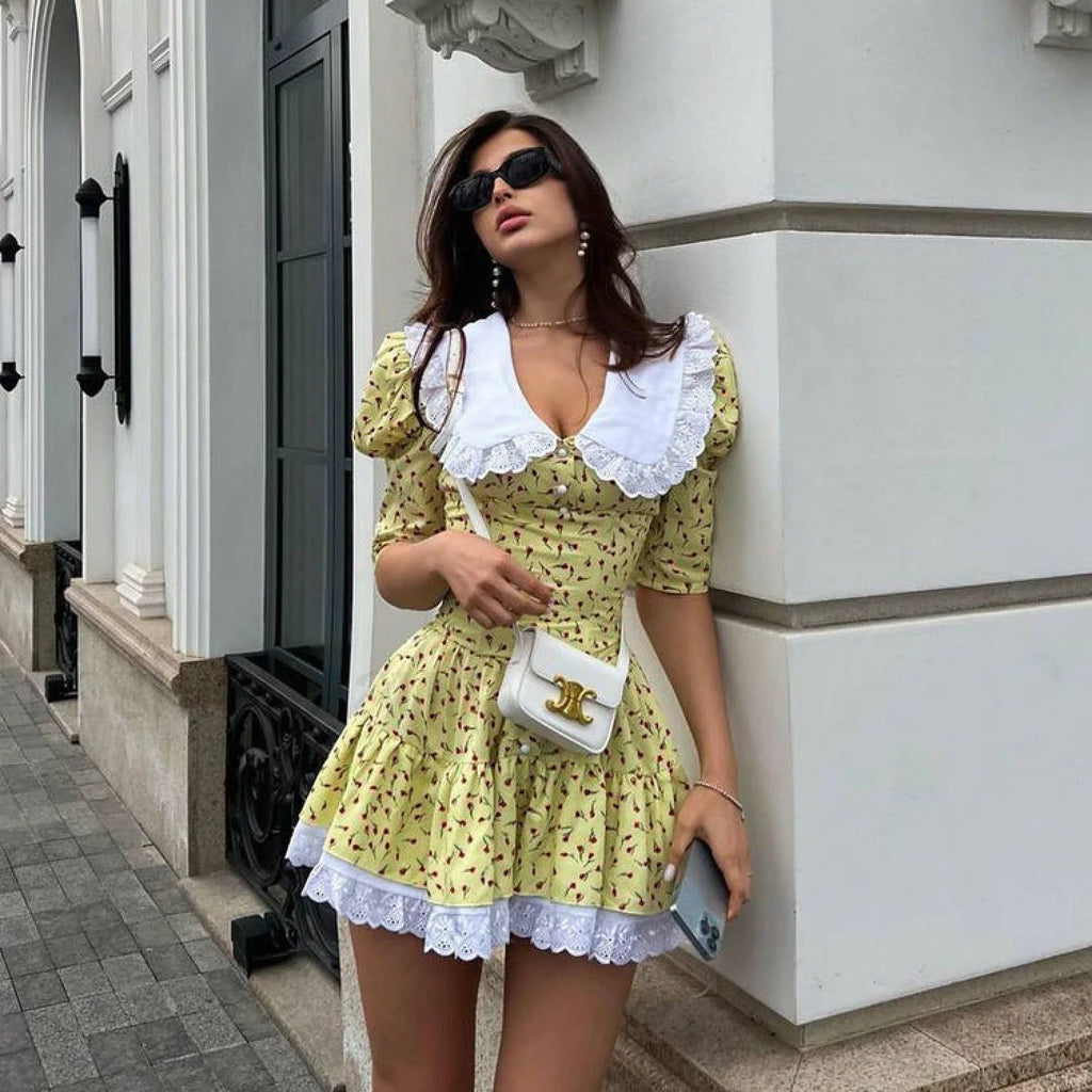 Cinched Babydoll Flora Mini Dress Yellow / S