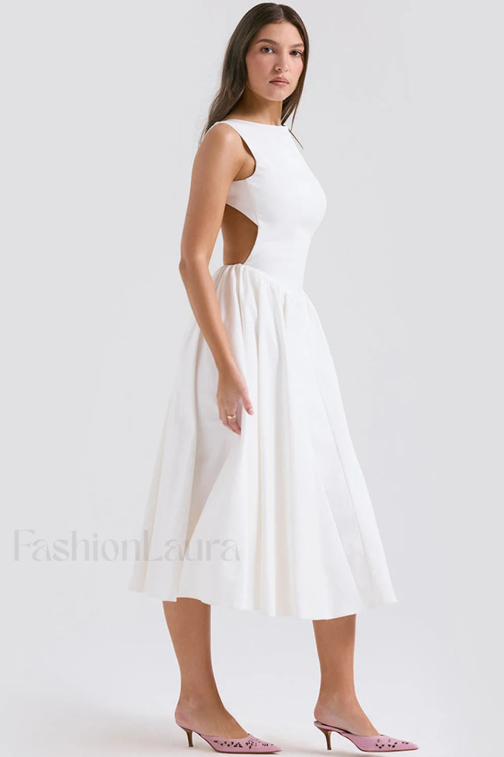 Cindy White Stylish Twill Midi Sundress