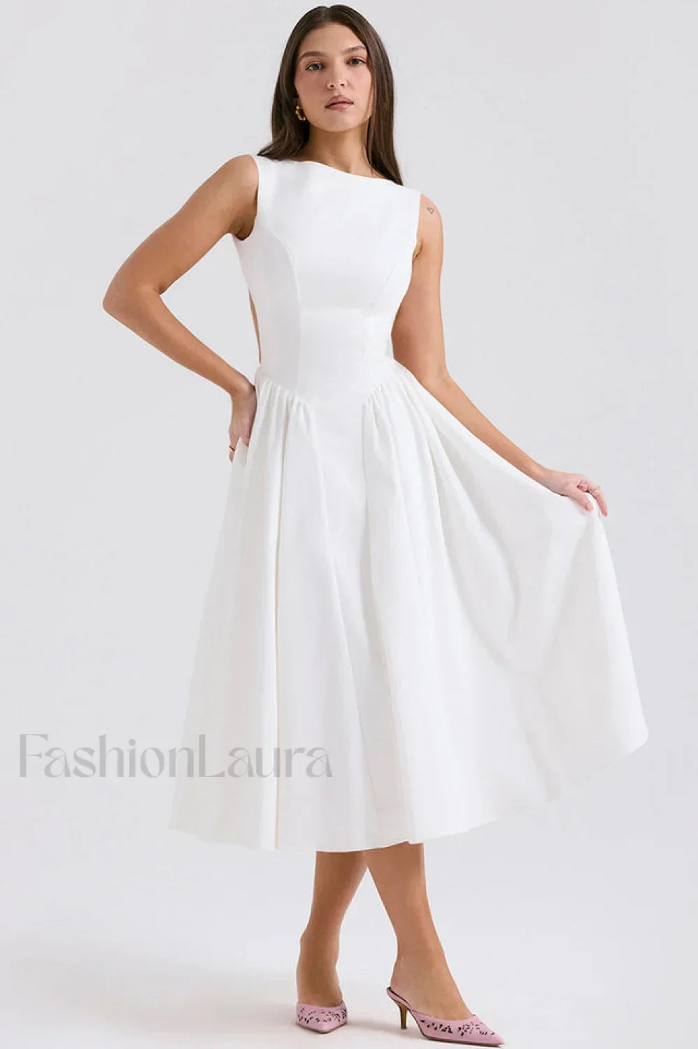 Cindy White Stylish Twill Midi Sundress Main image