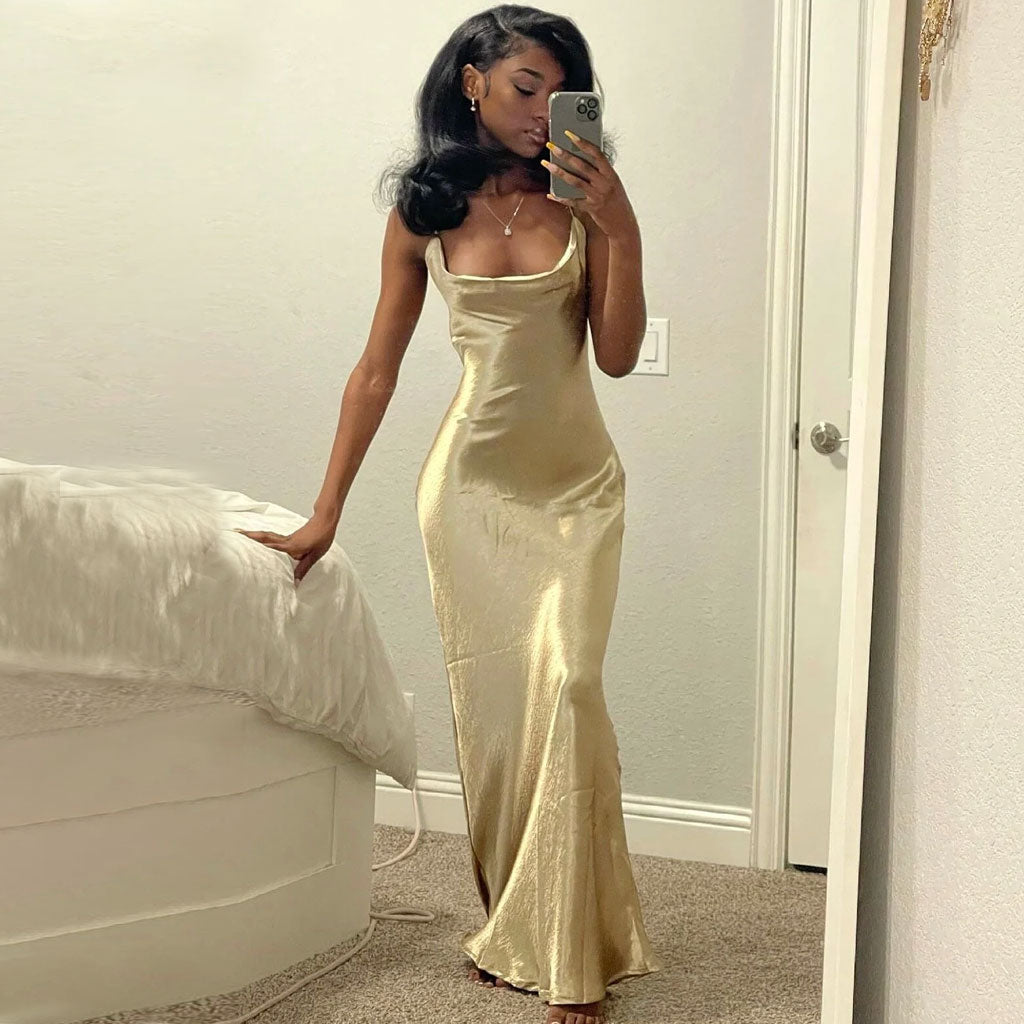 Classy Cowl Neck Tie String Silky Slip Maxi Dress Champagne Party Dresses L