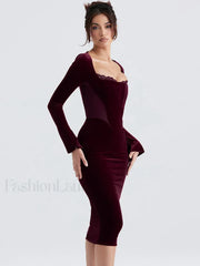 Clearance Celebrity Christmas Evening Party Red Midi Chic and Elegant Long Sleeve Corset Fall Winter Lace Dress Red / XS