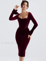 Clearance Celebrity Christmas Evening Party Red Midi Chic and Elegant Long Sleeve Corset Fall Winter Lace Dress Red / XS