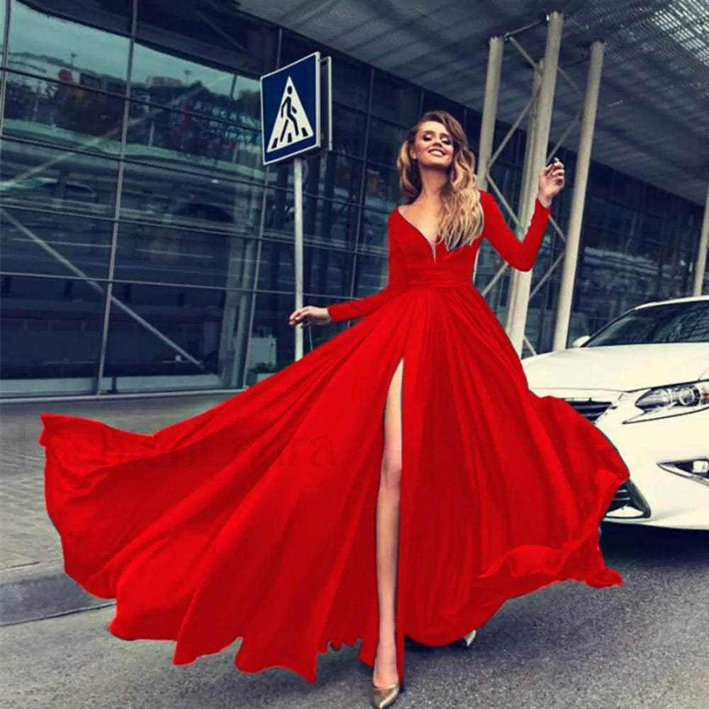 Cocktail For Women 2024 Classy Solid Color Long Sleeve V Neck Maxi Red Vintage Formal A Line Prom Dress Red / S