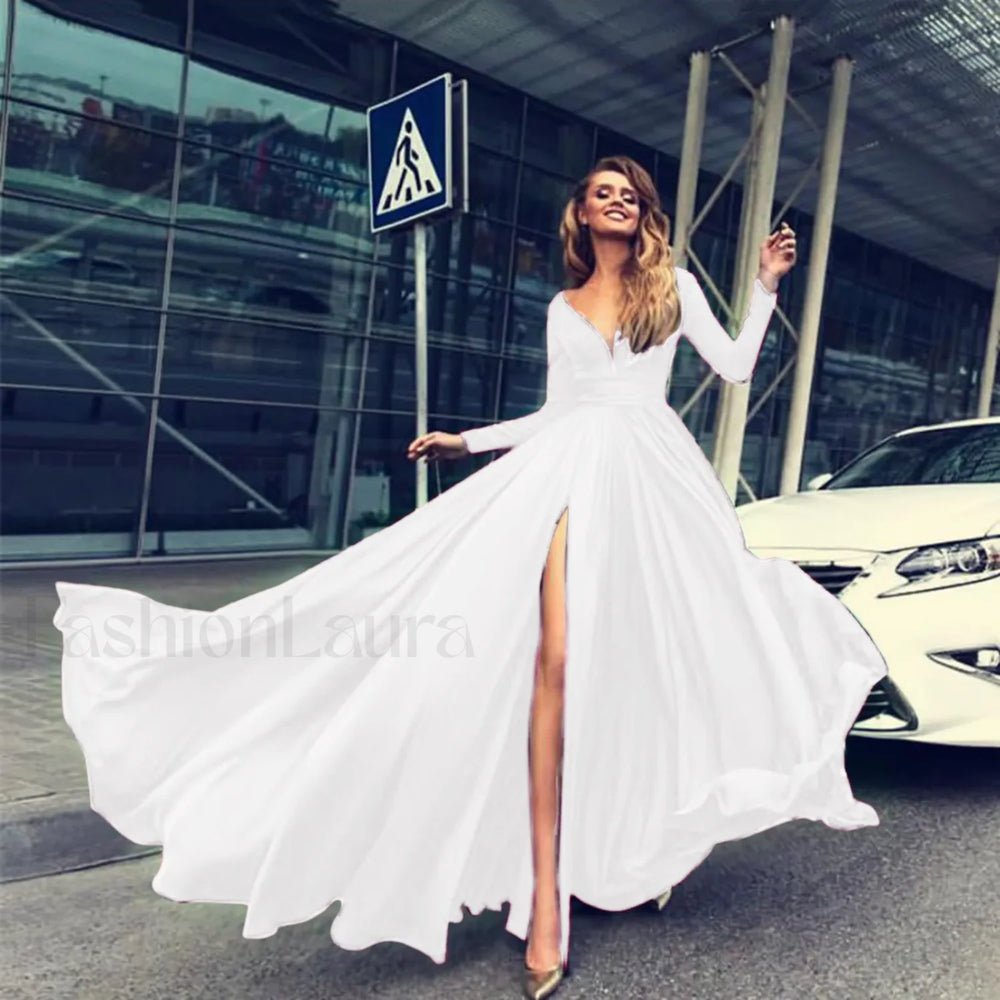 Cocktail For Women 2024 Classy Solid Color Long Sleeve V Neck Maxi Red Vintage Formal A Line Prom Dress White / S