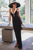 Collar Backless Split Slim Maxi Dress Black / S