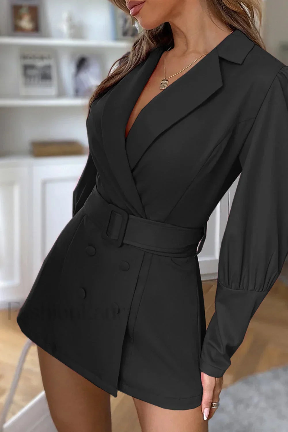 Collared Button Front Waist Cinched Blazer Work Dress