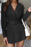 Collared Button Front Waist Cinched Blazer Work Dress Black / S