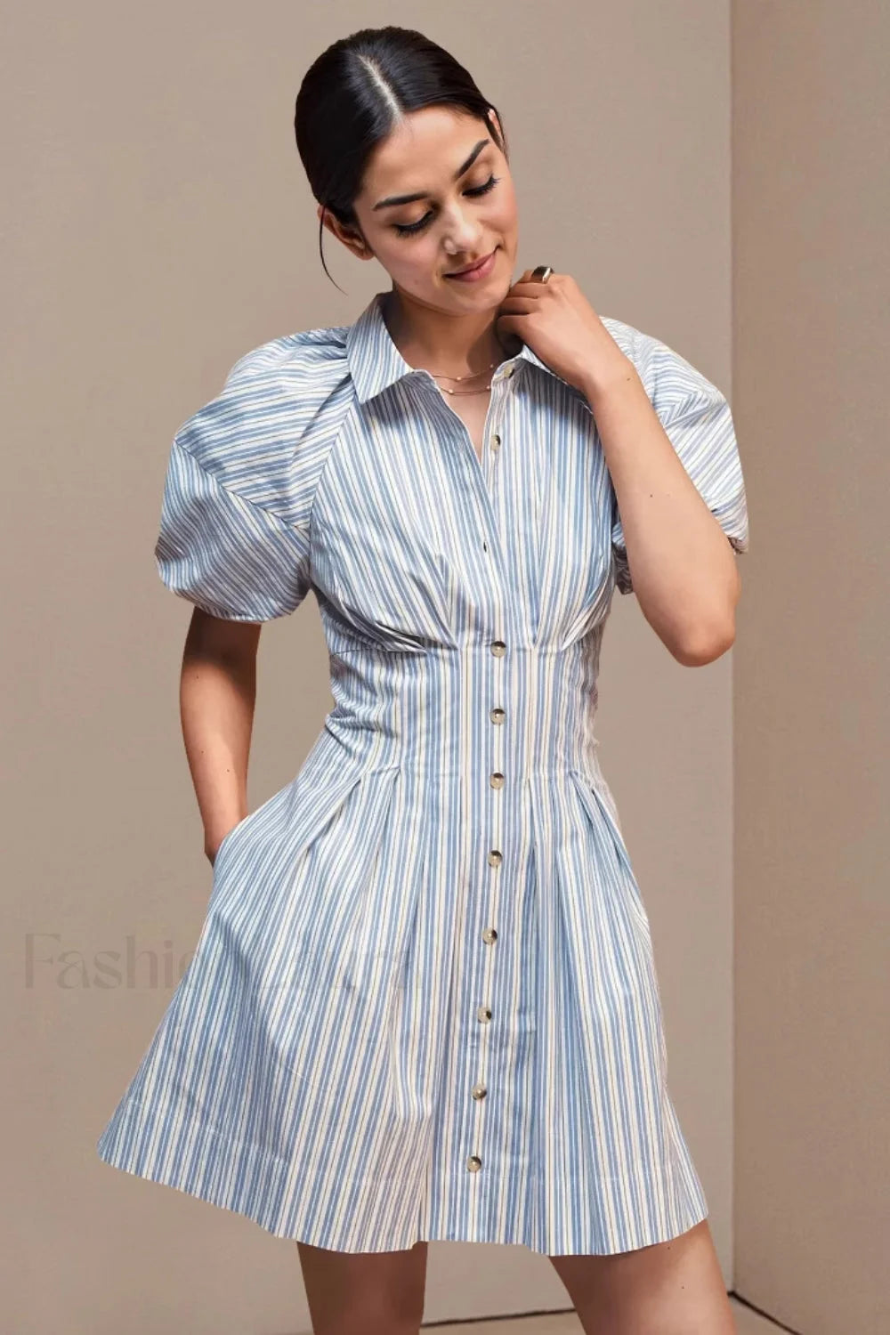 Collared Striped Shirt Button Front Work Skirt Azure / S Main image